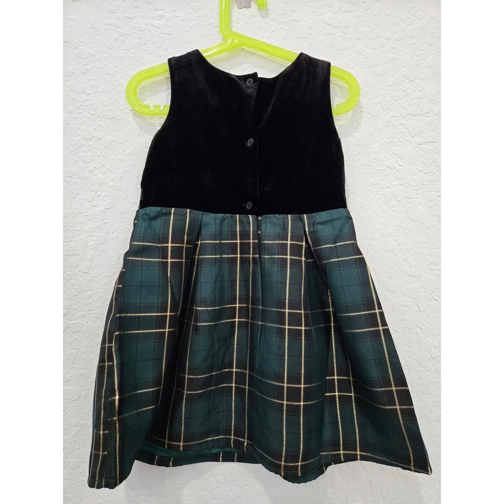 The Childrens Place Girls 4T Black Velvet Green Plaid Holiday Dress‎ 3042416